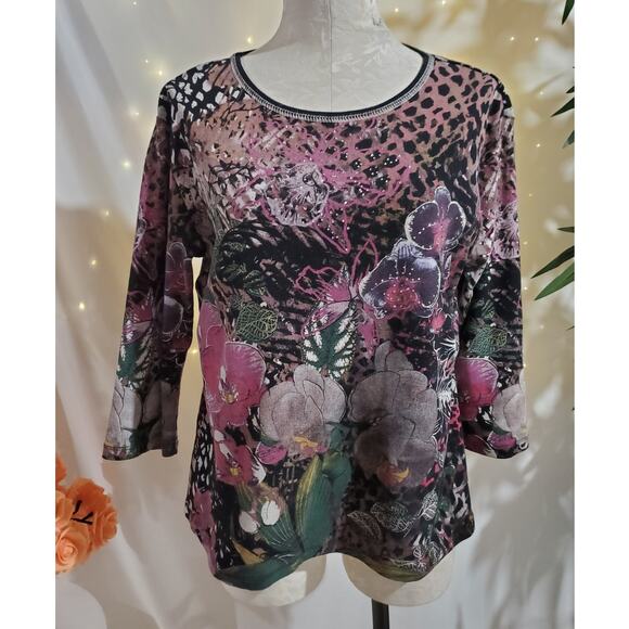 Vtg Jess & Jane Studded Bling Orchids Art to Wear Top Womens Size M 90s Y2K - Picture 1 of 9